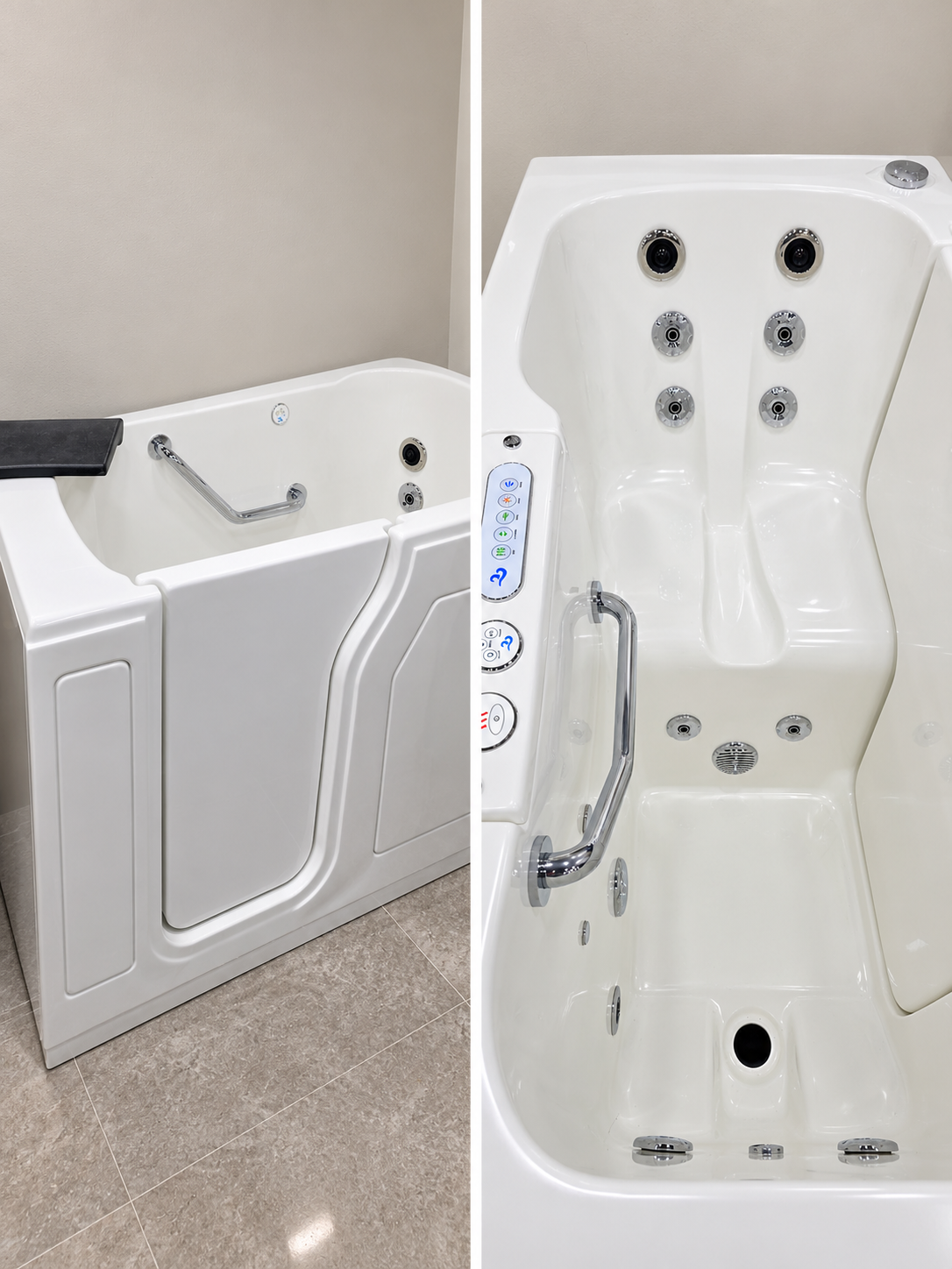 Walk-in tub with entry door and built-in seating