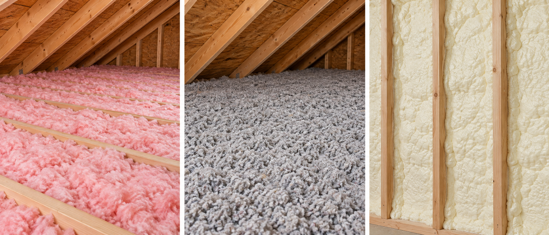Fiberglass, cellulose and spray foam insulation examples