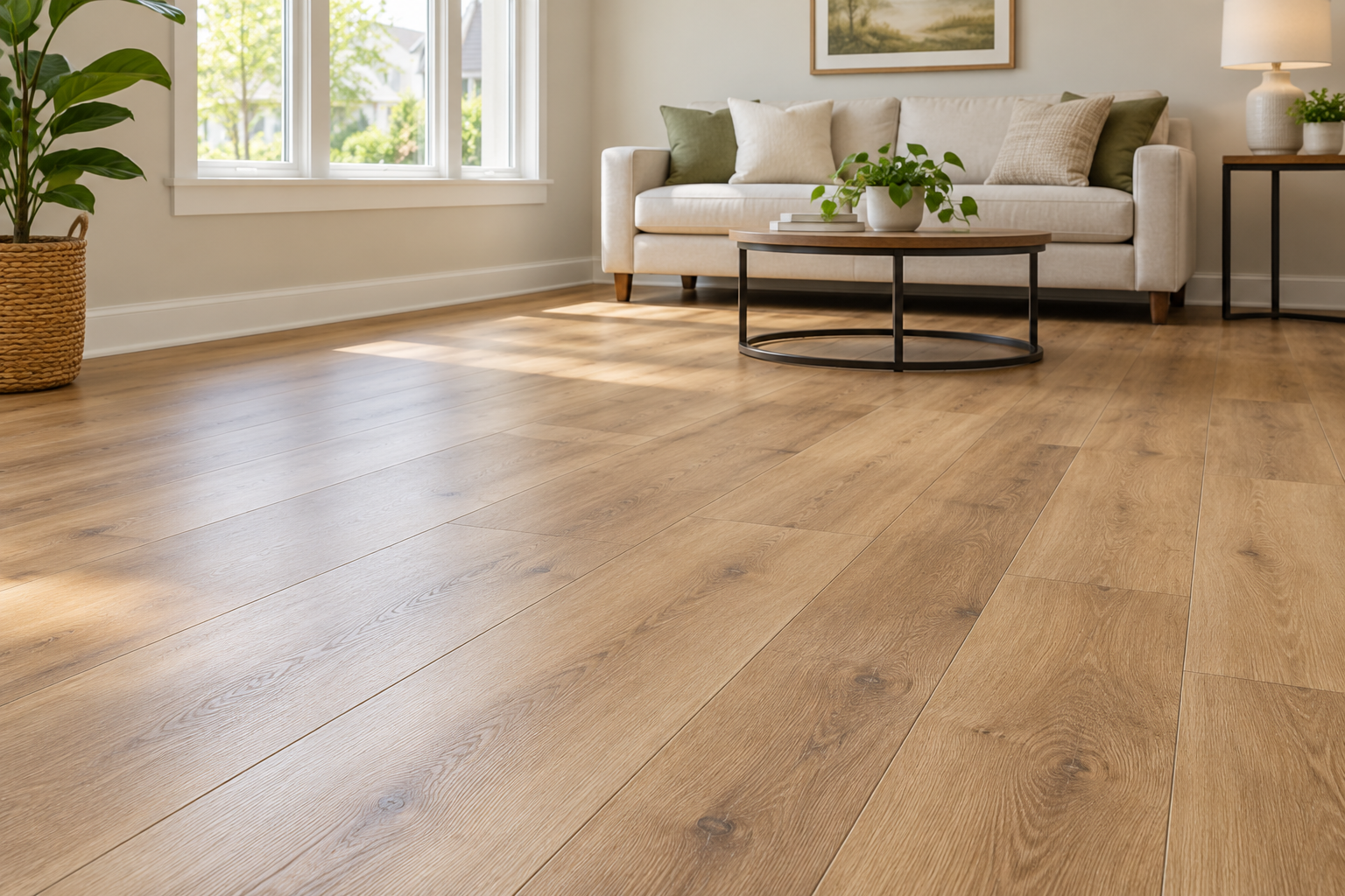 Oak-look plank flooring in a bright living room example