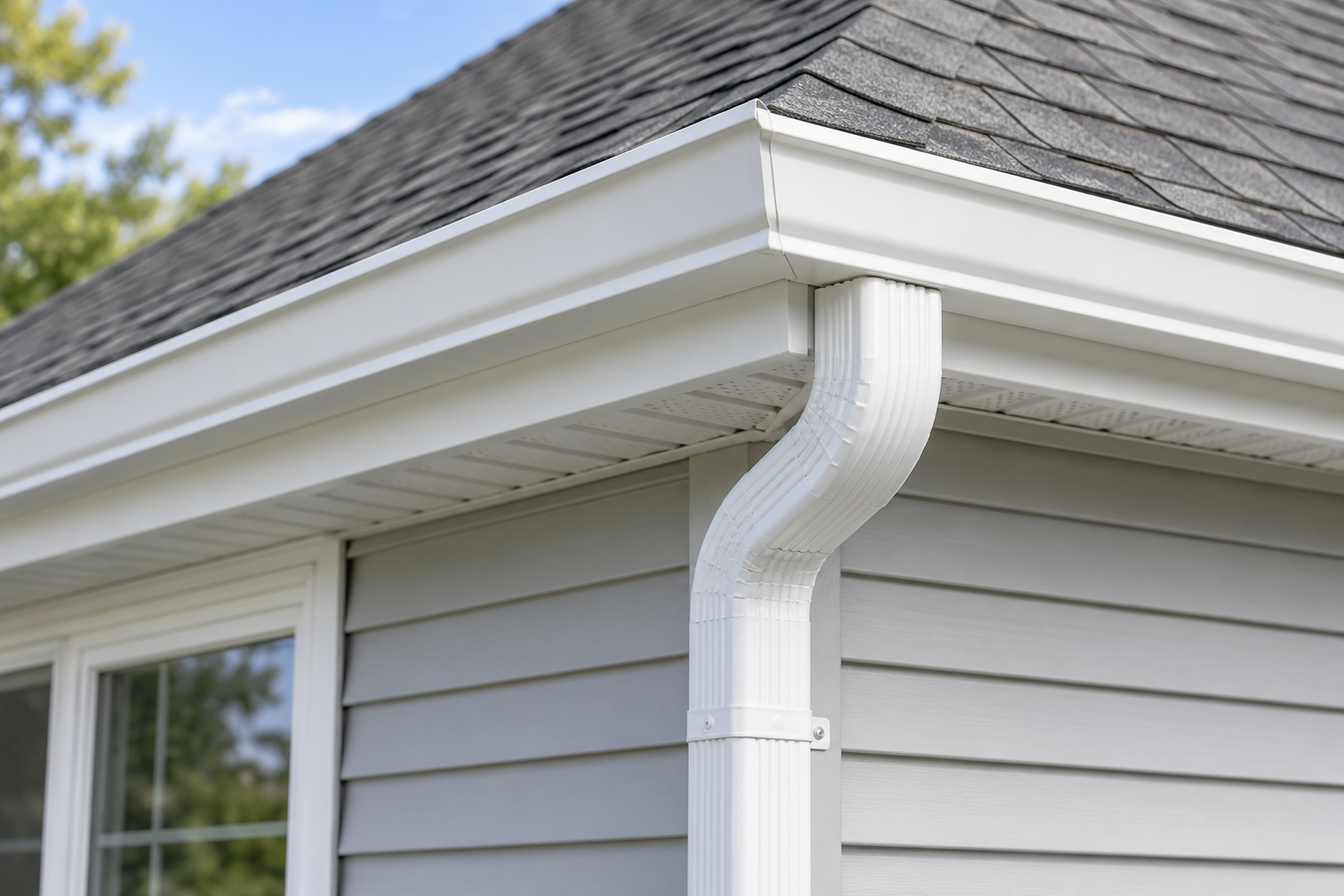 White seamless gutter and downspout on a home