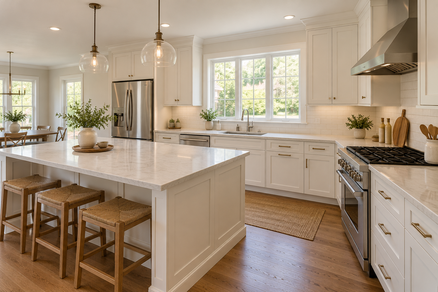 Kitchen remodeling example with white cabinets and light counters