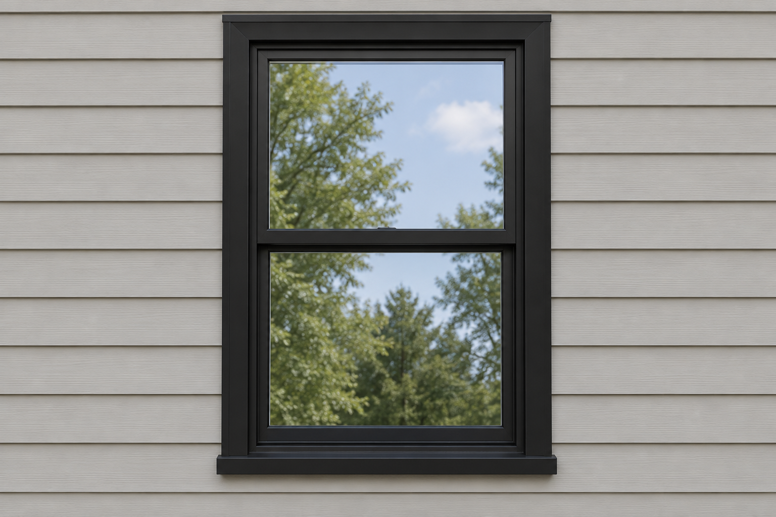 Double-hung window with black exterior frames, shown on light gray siding