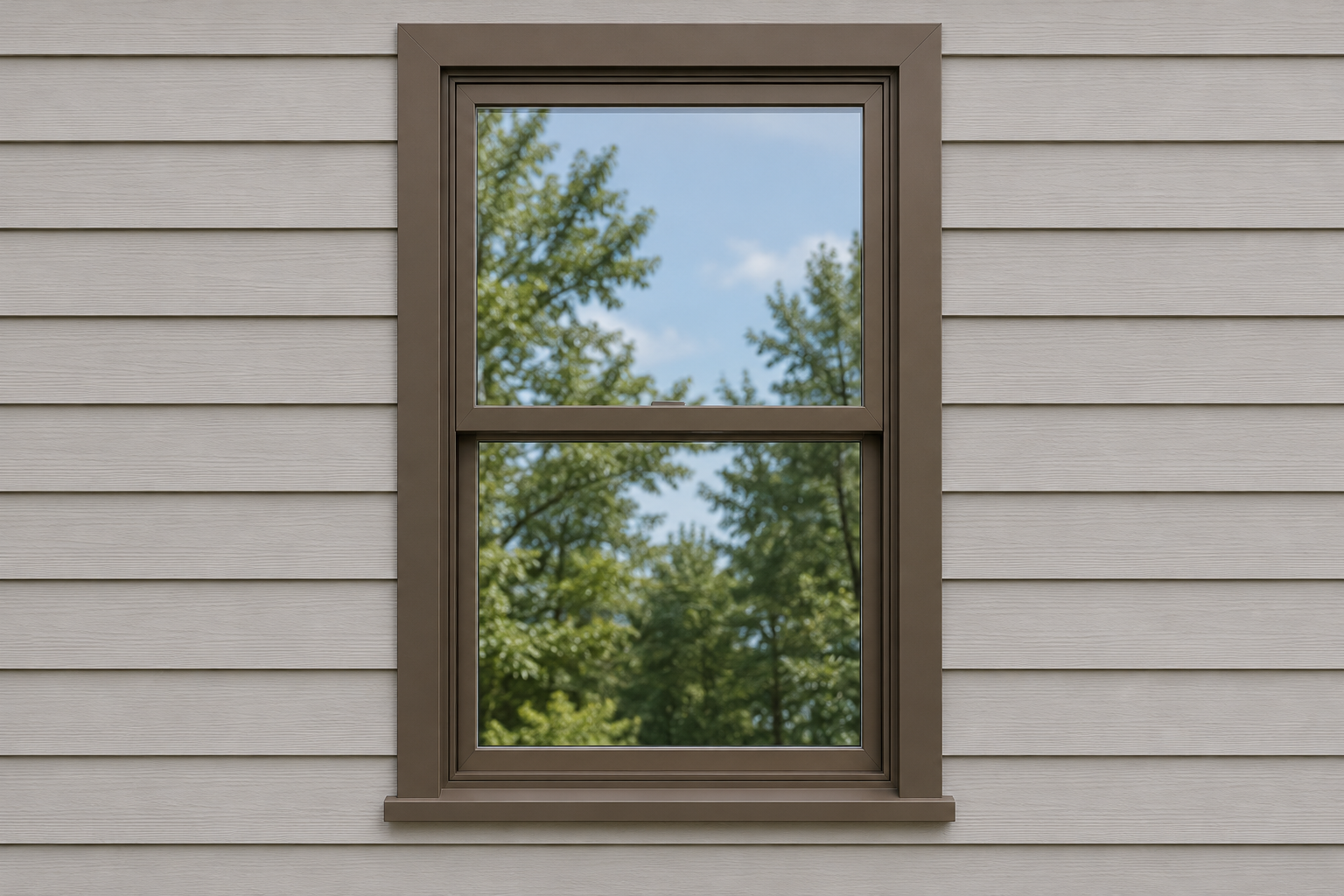 Double-hung window with bronze exterior frames, shown on light gray siding