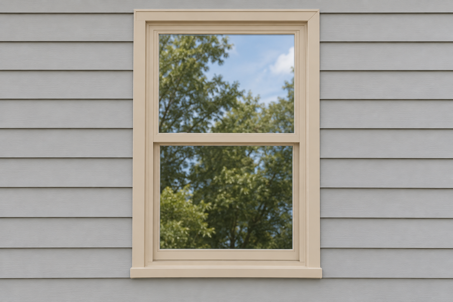Double-hung window with tan (beige) exterior frames, shown on light gray siding