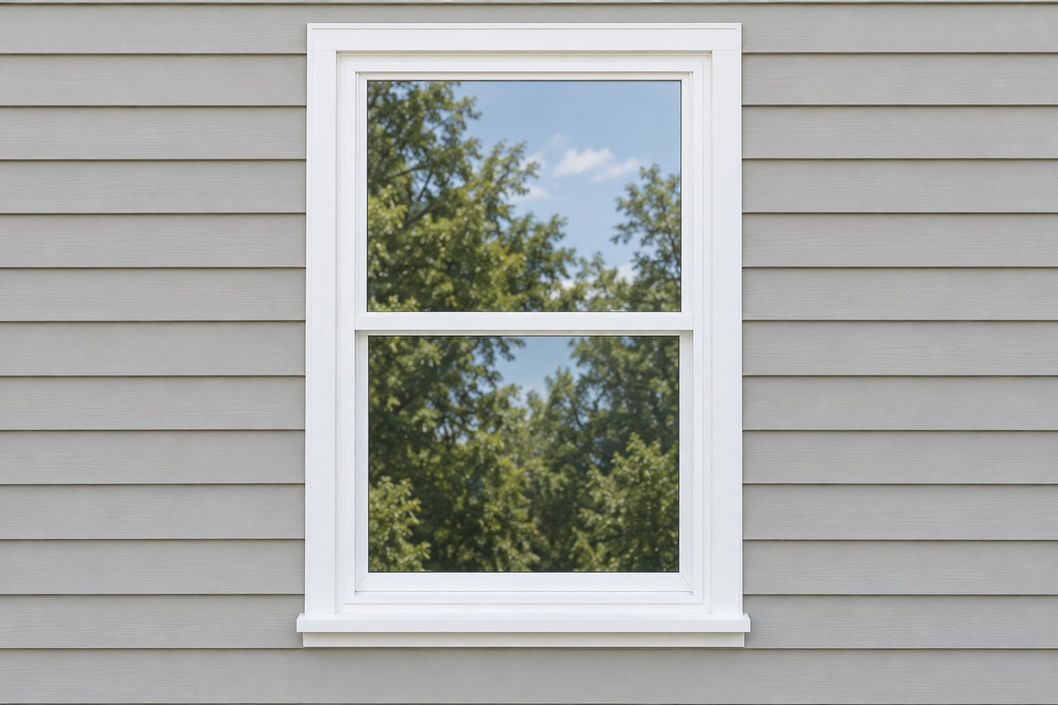Double-hung window with white exterior frames, shown on light gray siding